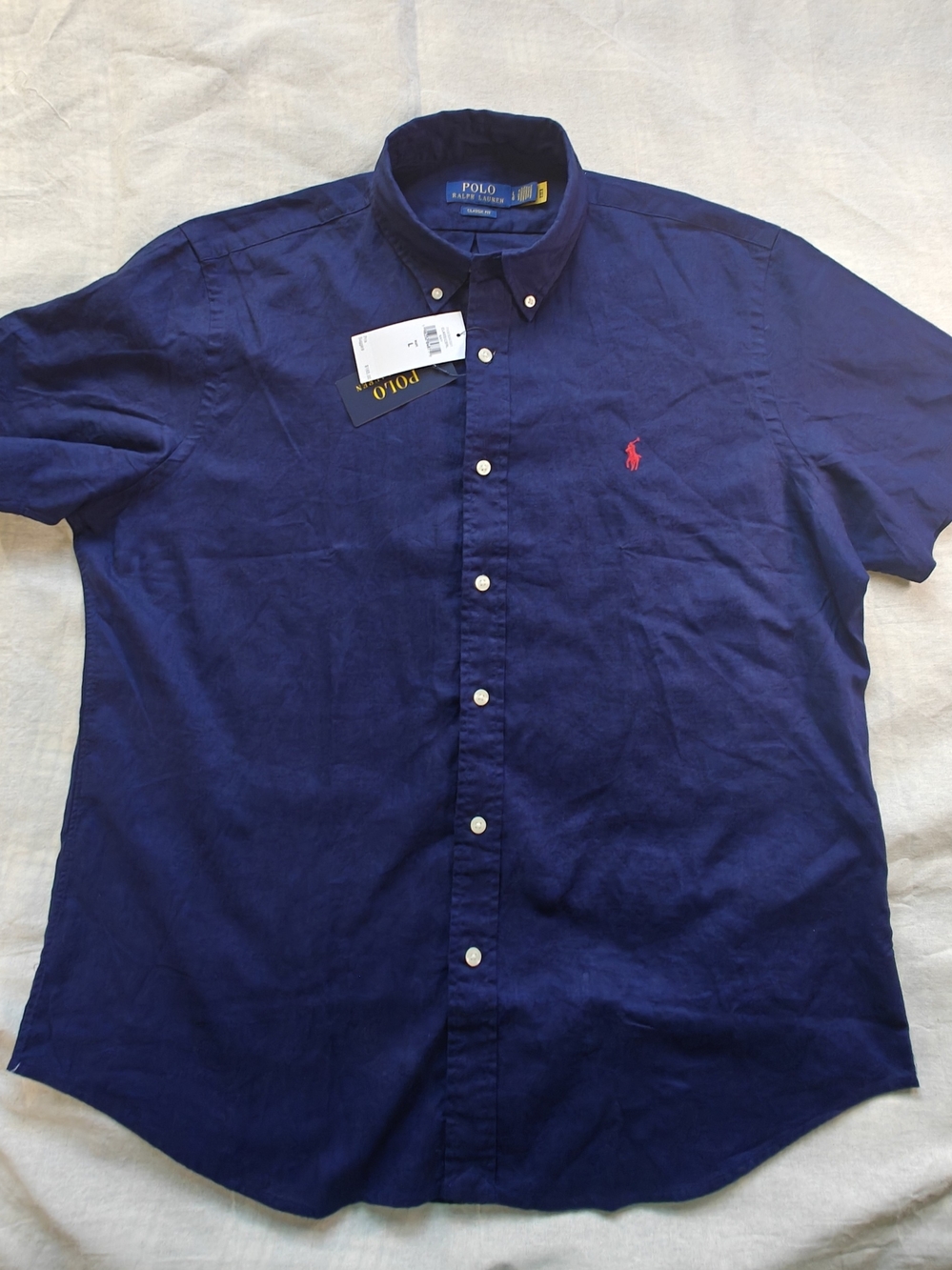 Ralph Lauren Navy Short-Sleeve Button-Down Shirt with Red Pony